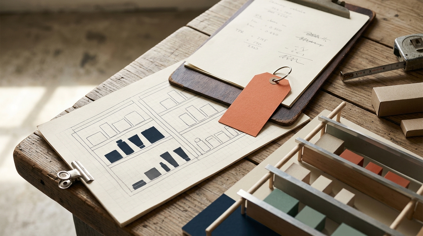 Planogram sketch, clipboard, price tag, measuring tape, and a small category shelf model on a retail workbench.