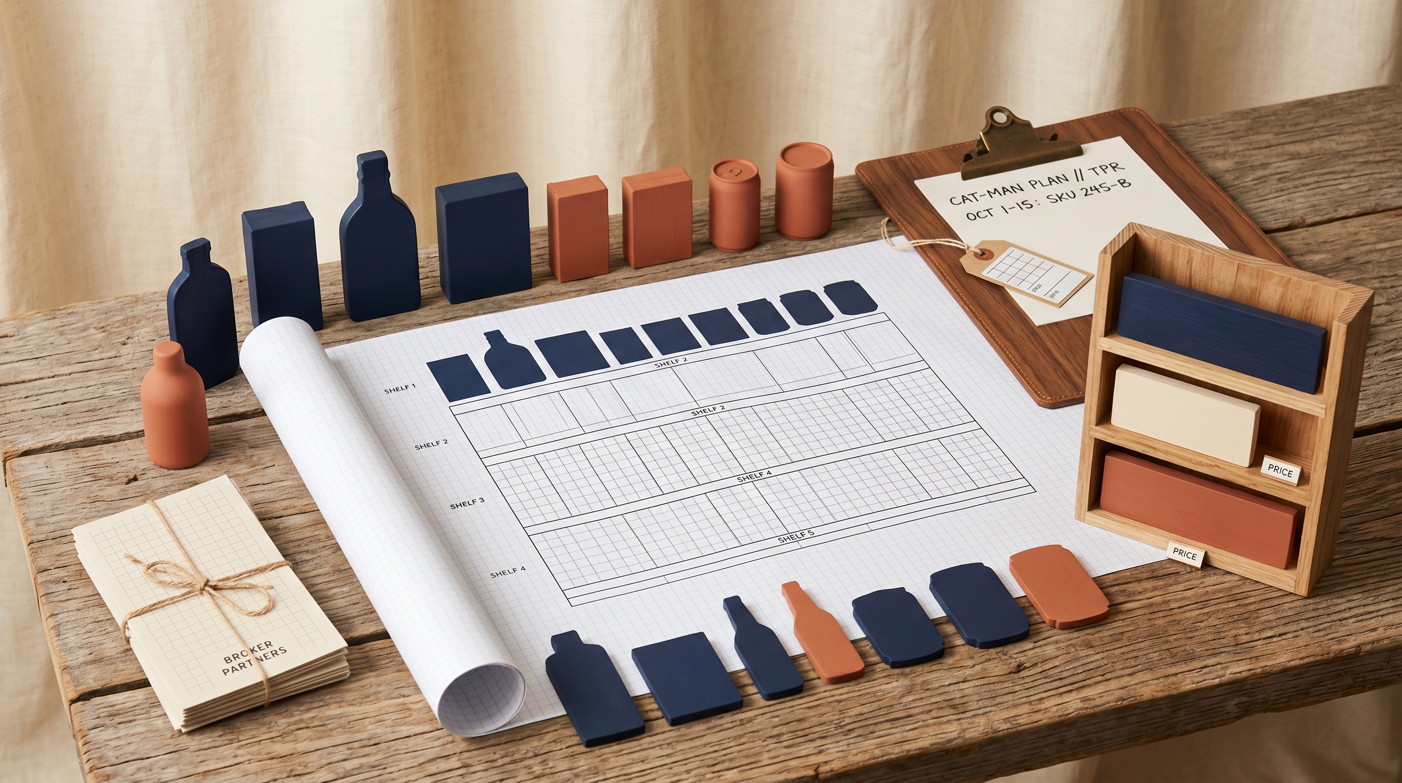 Editorial conceptual still life of a planogram diagram on graph paper, monochrome product silhouettes arranged on a wooden surface, a buyer's clipboard with a TPR tag, and a small retail-shelf model — a category-management workbench.
